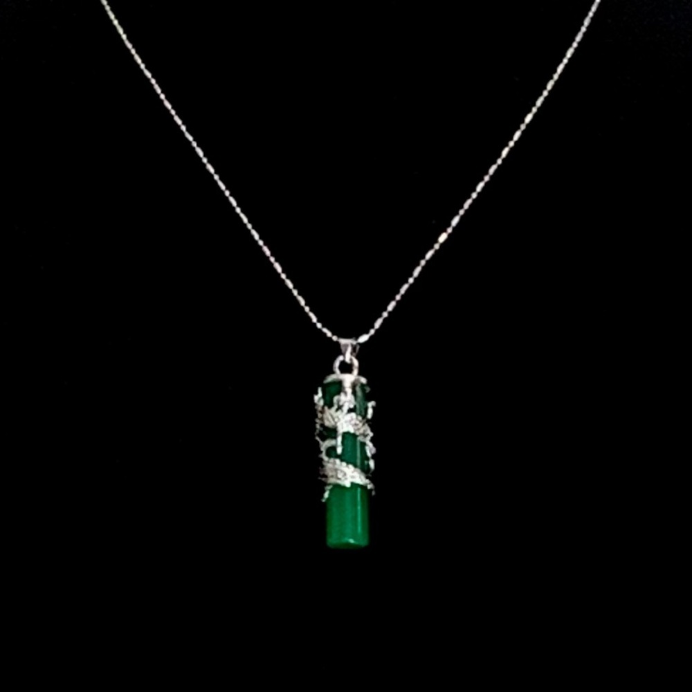 Dragon Coil Green Jade Pillar Men Women Column Pendant Chain Necklace 18KWGP 16"